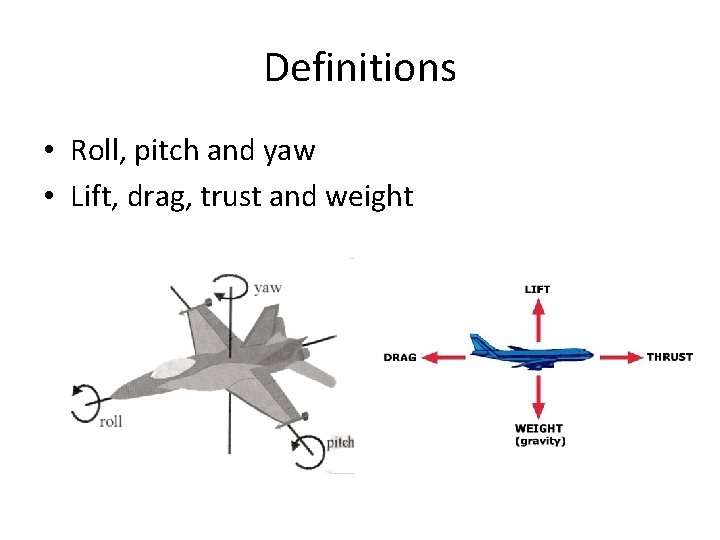 Definitions • Roll, pitch and yaw • Lift, drag, trust and weight 