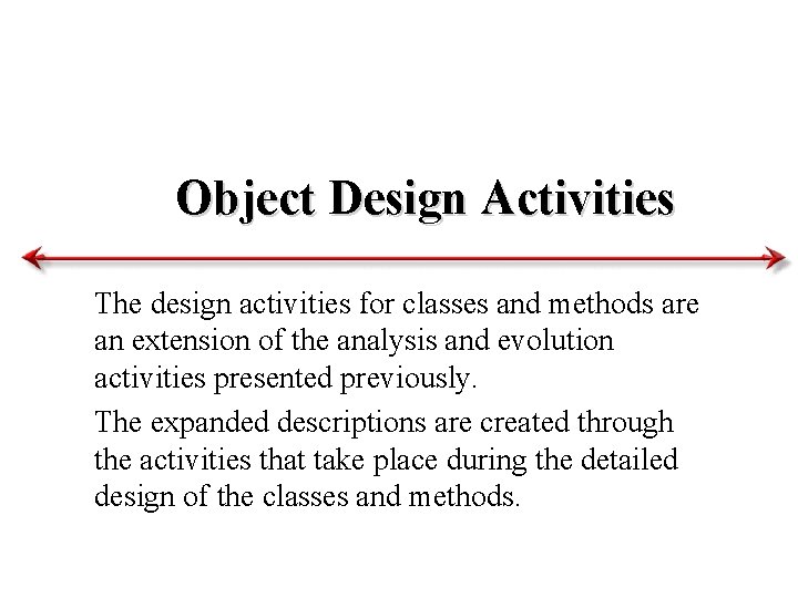Object Design Activities The design activities for classes and methods are an extension of