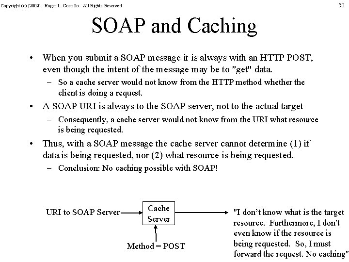 50 Copyright (c) [2002]. Roger L. Costello. All Rights Reserved. SOAP and Caching •