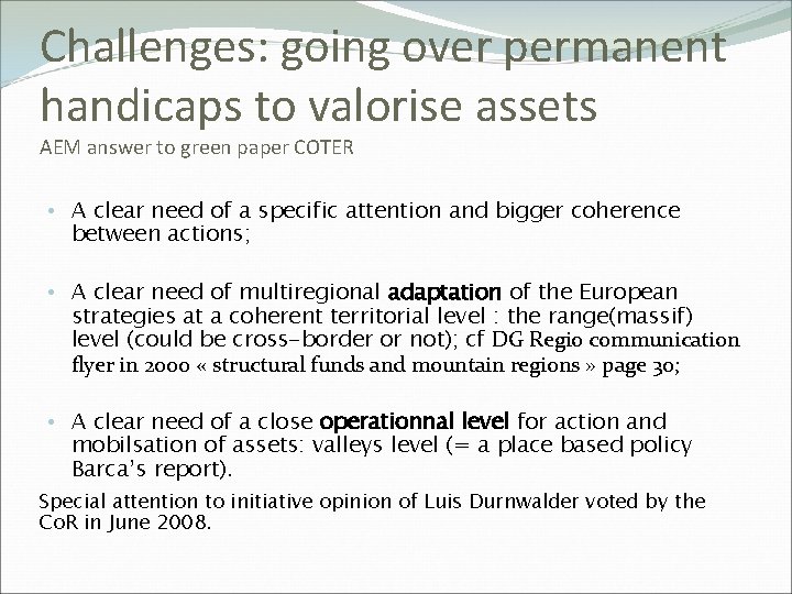 Challenges: going over permanent handicaps to valorise assets AEM answer to green paper COTER