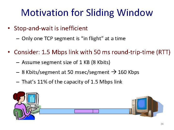 Motivation for Sliding Window • Stop-and-wait is inefficient – Only one TCP segment is