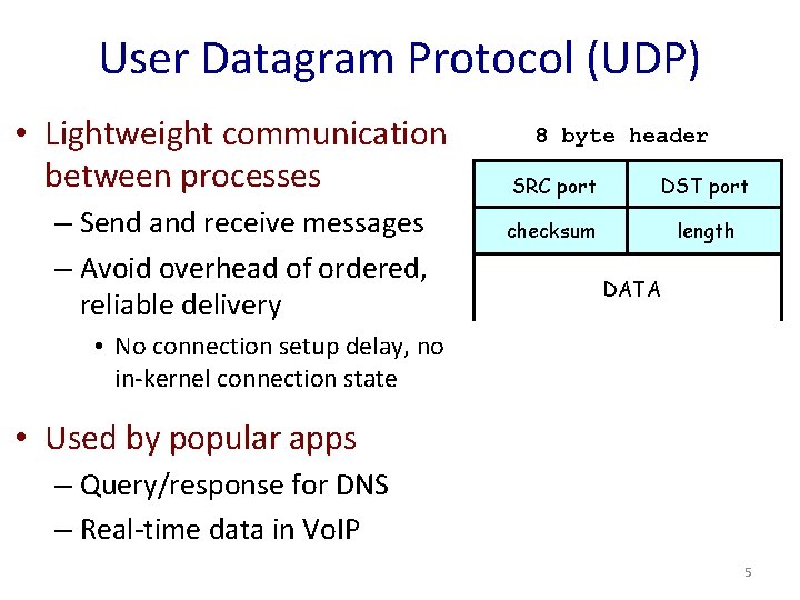 User Datagram Protocol (UDP) • Lightweight communication between processes – Send and receive messages