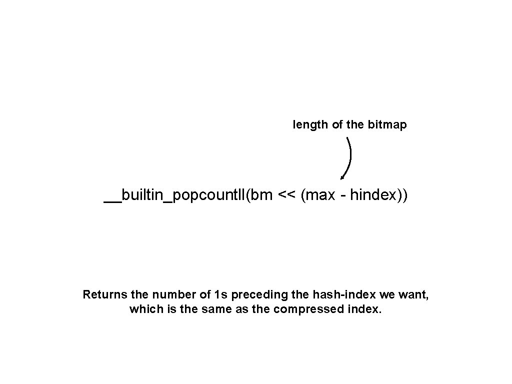 length of the bitmap __builtin_popcountll(bm << (max - hindex)) Returns the number of 1