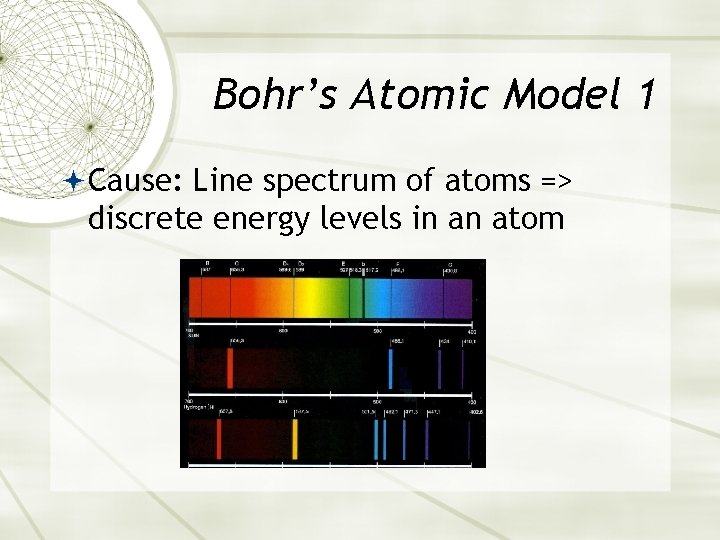 Bohr’s Atomic Model 1 Cause: Line spectrum of atoms => discrete energy levels in