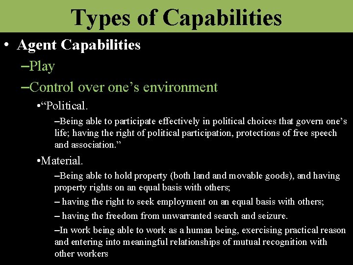 Types of Capabilities • Agent Capabilities –Play –Control over one’s environment • “Political. –Being