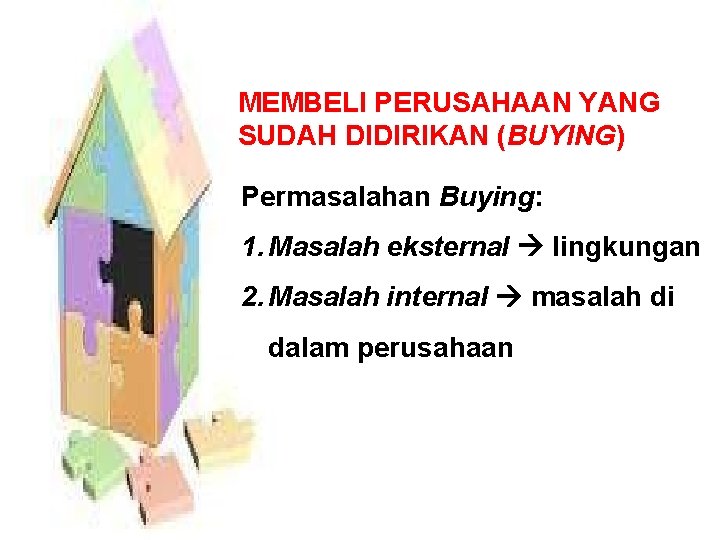 MEMBELI PERUSAHAAN YANG SUDAH DIDIRIKAN (BUYING) Permasalahan Buying: 1. Masalah eksternal lingkungan 2. Masalah