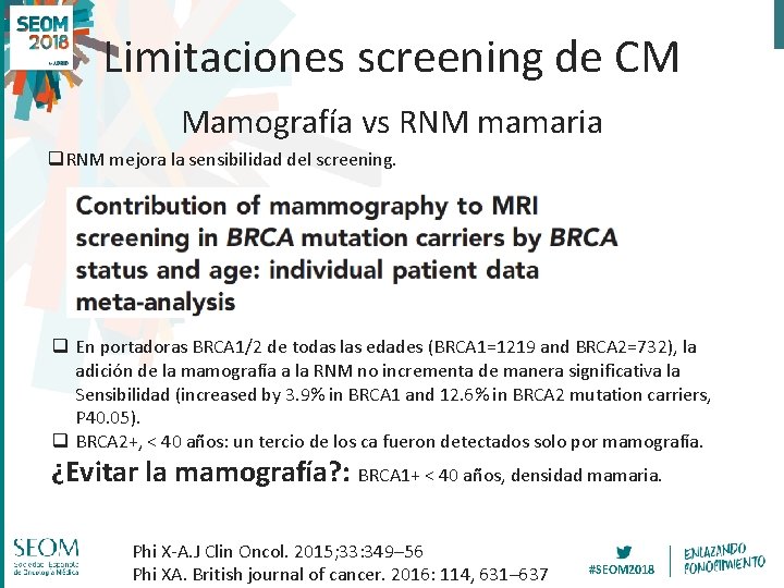 Limitaciones screening de CM Mamografía vs RNM mamaria q. RNM mejora la sensibilidad del