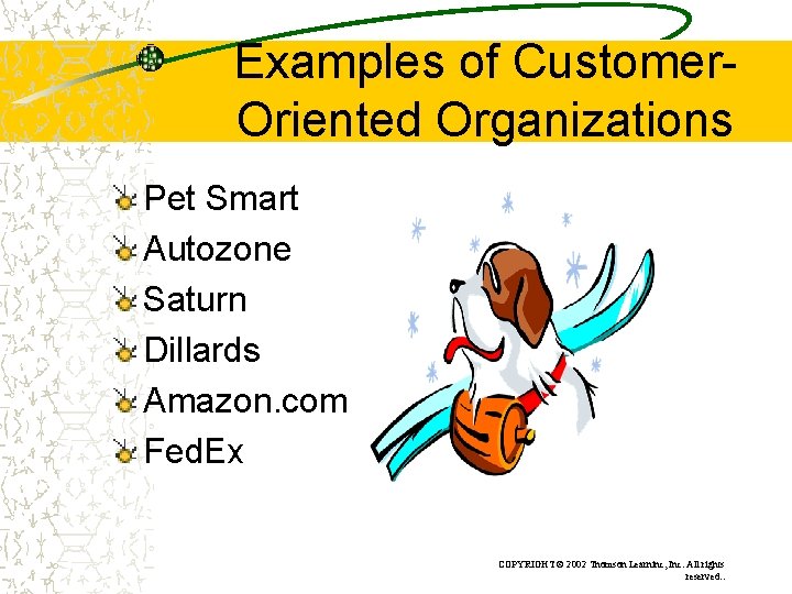 Examples of Customer. Oriented Organizations Pet Smart Autozone Saturn Dillards Amazon. com Fed. Ex