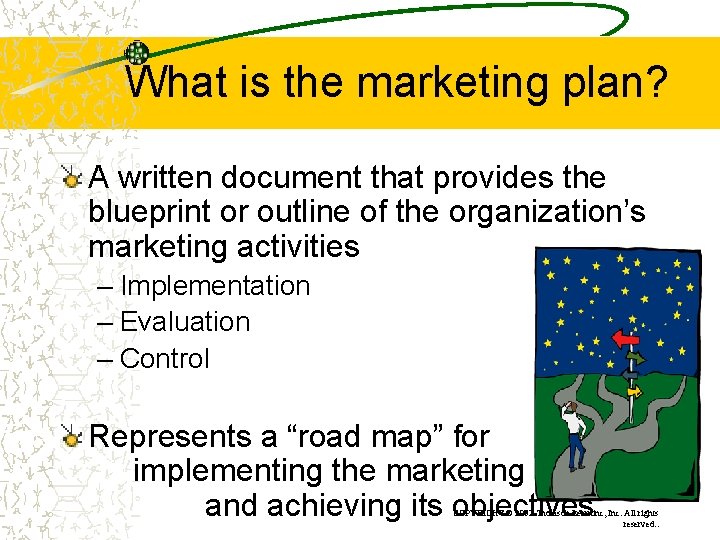 What is the marketing plan? A written document that provides the blueprint or outline