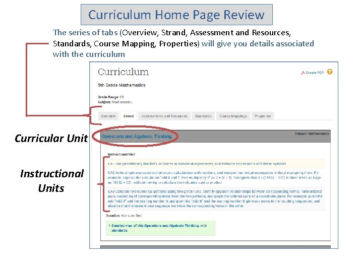 Curriculum Home Page Review The series of tabs (Overview, Strand, Assessment and Resources, Standards,