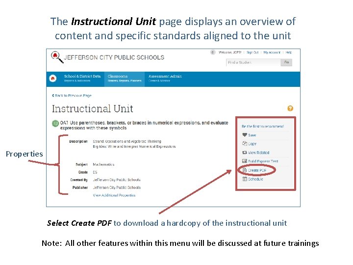 The Instructional Unit page displays an overview of content and specific standards aligned to