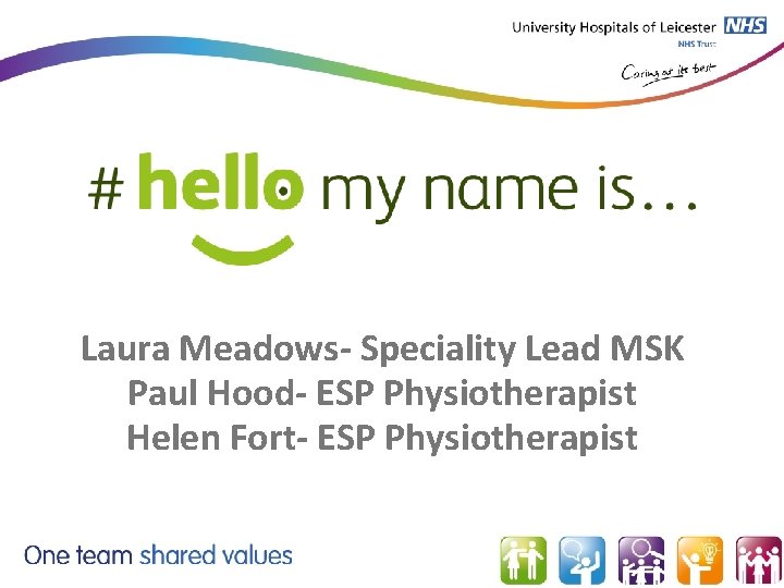 Laura Meadows- Speciality Lead MSK Paul Hood- ESP Physiotherapist Helen Fort- ESP Physiotherapist 