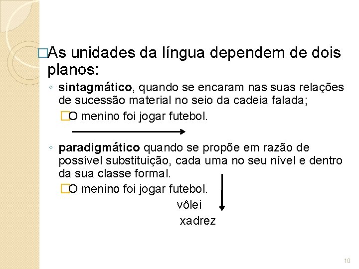 �As unidades da língua dependem de dois planos: ◦ sintagmático, quando se encaram nas