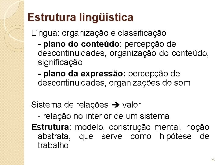 Estrutura lingüística Língua: organização e classificação - plano do conteúdo: percepção de descontinuidades, organização