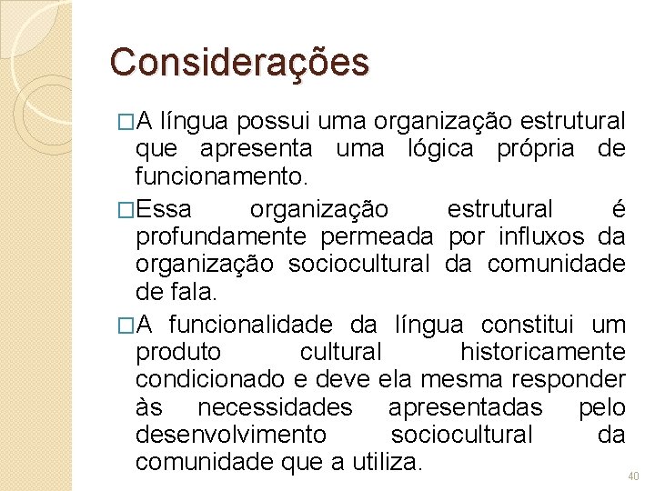 Considerações �A língua possui uma organização estrutural que apresenta uma lógica própria de funcionamento.