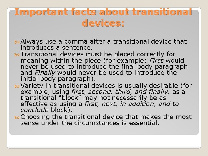 Order of Importance and Transitional Devices Lesson 9