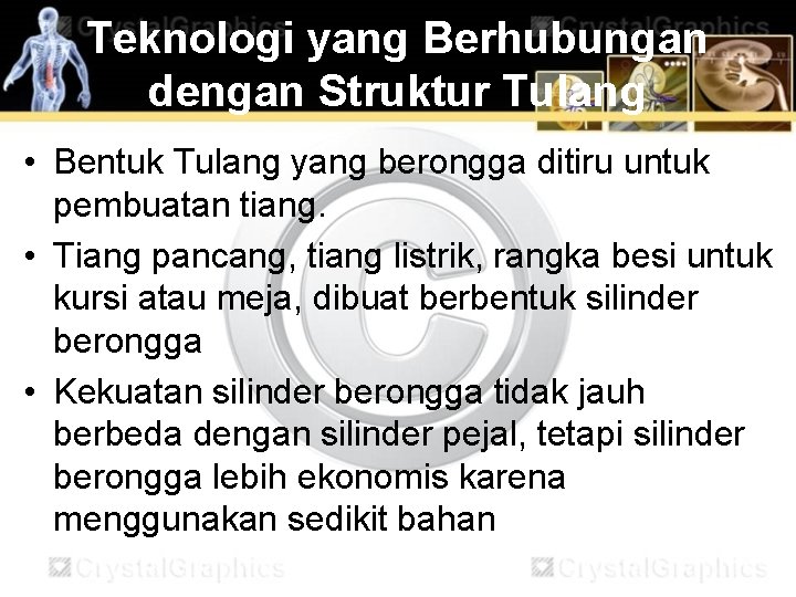 Teknologi yang Berhubungan dengan Struktur Tulang • Bentuk Tulang yang berongga ditiru untuk pembuatan