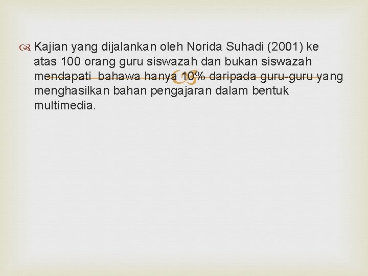  Kajian yang dijalankan oleh Norida Suhadi (2001) ke atas 100 orang guru siswazah