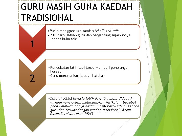 GURU MASIH GUNA KAEDAH TRADISIONAL 1 2 • Masih menggunakan kaedah ‘chalk and talk'