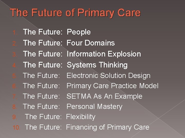 The Future of Primary Care The Future: 2. The Future: 3. The Future: 4.