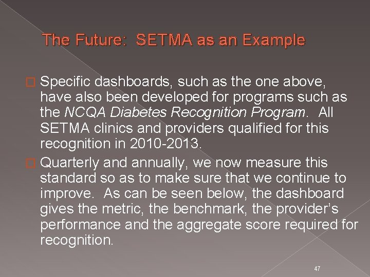 The Future: SETMA as an Example Specific dashboards, such as the one above, have