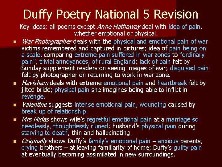 Duffy Poetry National 5 Revision n n Key ideas: all poems except Anne Hathaway