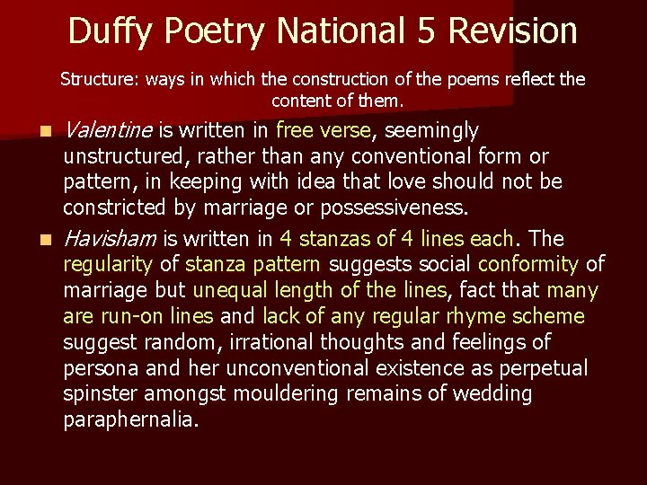 Duffy Poetry National 5 Revision Structure: ways in which the construction of the poems