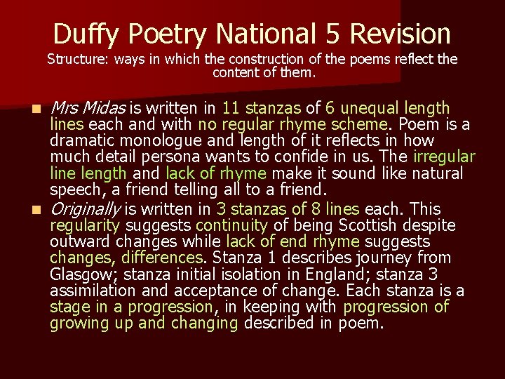 Duffy Poetry National 5 Revision Structure: ways in which the construction of the poems