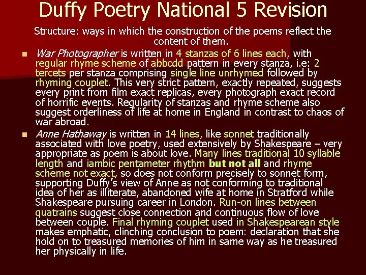 Duffy Poetry National 5 Revision Structure: ways in which the construction of the poems