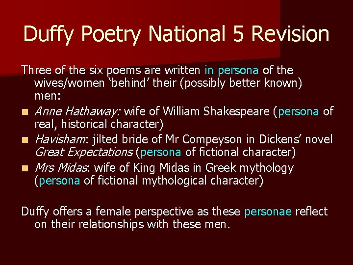 Duffy Poetry National 5 Revision Three of the six poems are written in persona