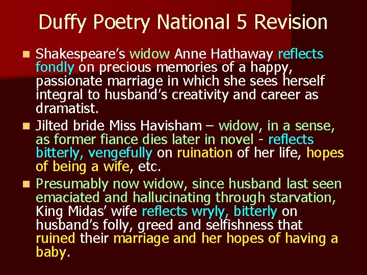 Duffy Poetry National 5 Revision Shakespeare’s widow Anne Hathaway reflects fondly on precious memories