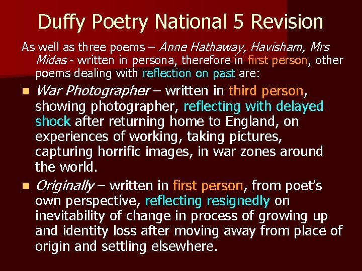 Duffy Poetry National 5 Revision As well as three poems – Anne Hathaway, Havisham,