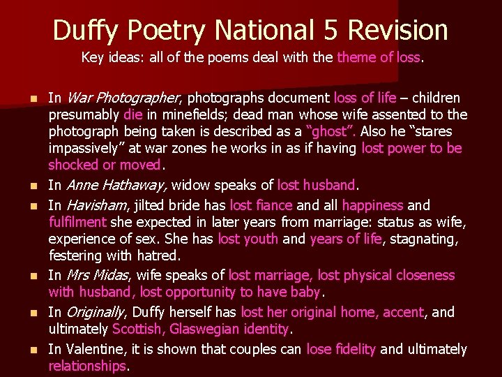 Duffy Poetry National 5 Revision Key ideas: all of the poems deal with theme