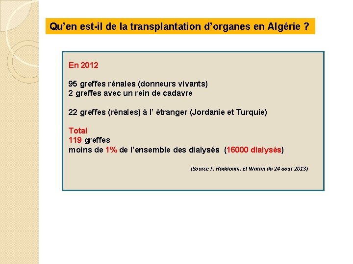 Qu’en est-il de la transplantation d’organes en Algérie ? En 2012 95 greffes rénales