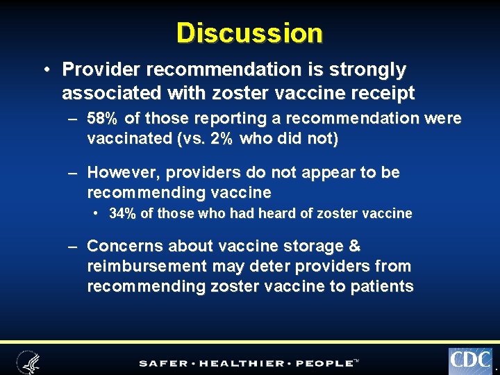 Discussion • Provider recommendation is strongly associated with zoster vaccine receipt – 58% of