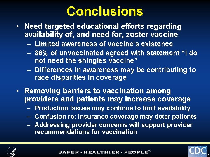 Conclusions • Need targeted educational efforts regarding availability of, and need for, zoster vaccine