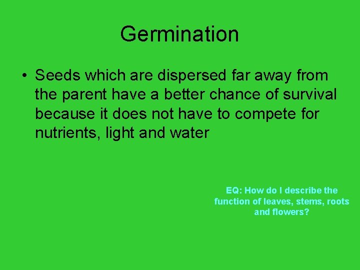 Germination • Seeds which are dispersed far away from the parent have a better