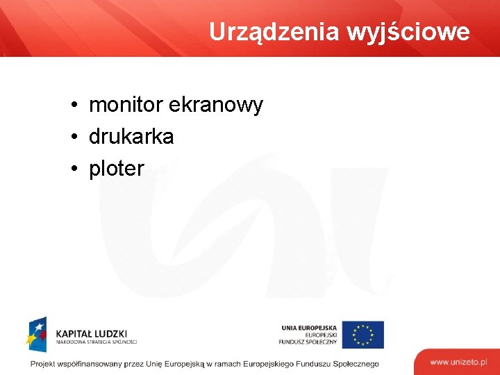 Urządzenia wyjściowe • monitor ekranowy • drukarka • ploter 