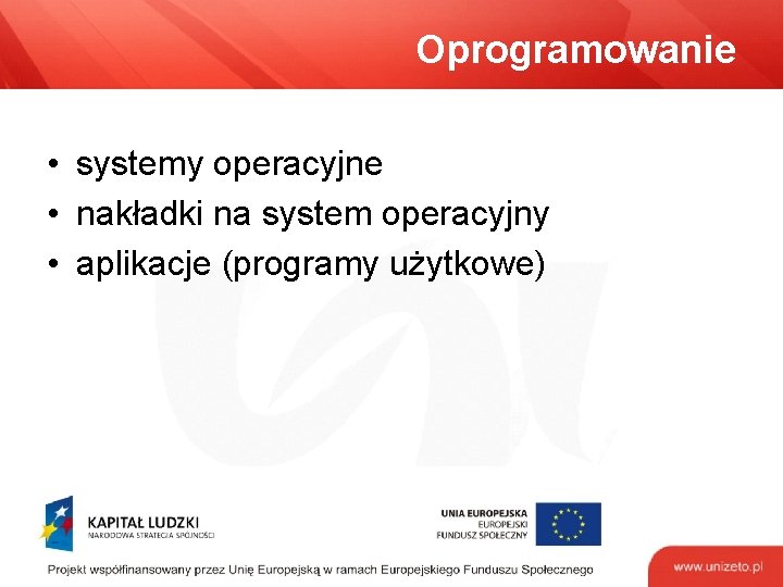 Oprogramowanie • systemy operacyjne • nakładki na system operacyjny • aplikacje (programy użytkowe) 