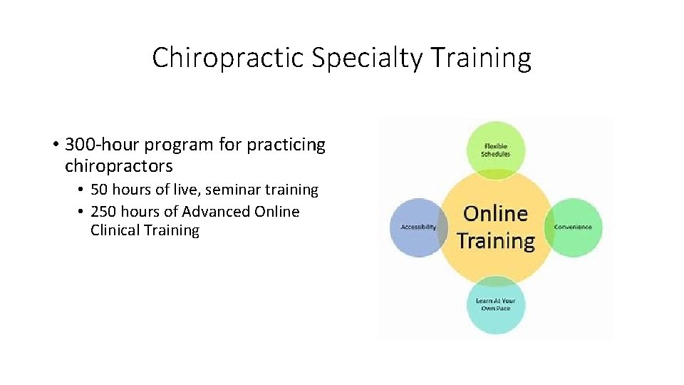 Chiropractic Specialty Training • 300 -hour program for practicing chiropractors • 50 hours of