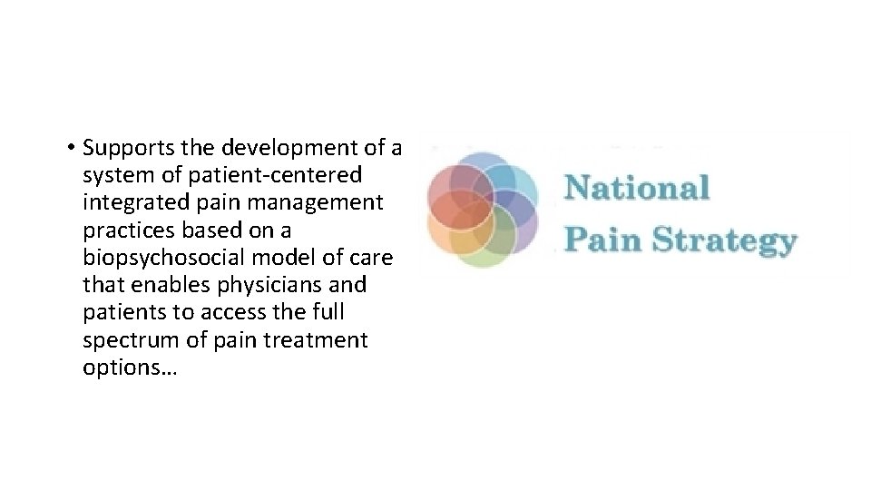 • Supports the development of a system of patient-centered integrated pain management practices