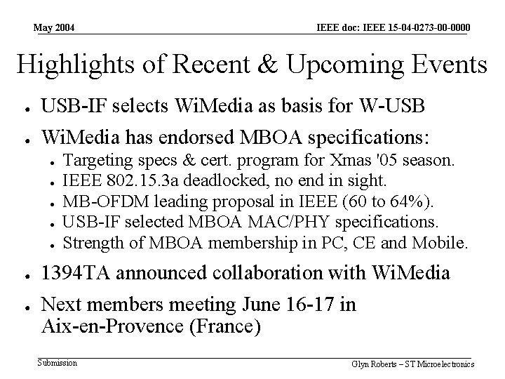 May 2004 IEEE doc: IEEE 15 -04 -0273 -00 -0000 Highlights of Recent &