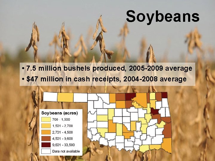Soybeans • 7. 5 million bushels produced, 2005 -2009 average • $47 million in