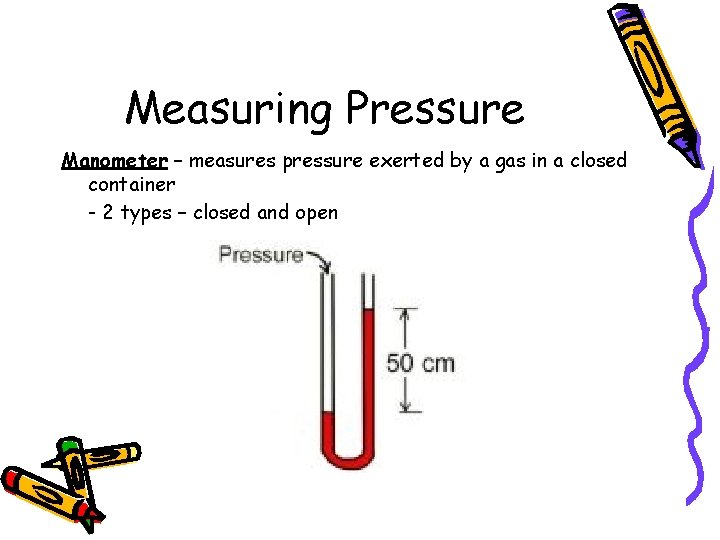 Measuring Pressure Manometer – measures pressure exerted by a gas in a closed container Measuring Pressure Manometer – measures pressure exerted by a gas in a closed container