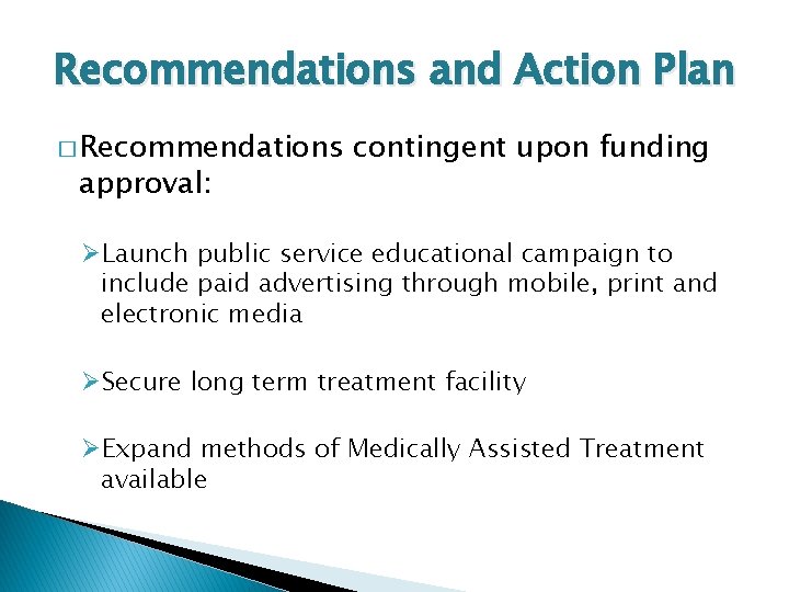 Recommendations and Action Plan � Recommendations approval: contingent upon funding ØLaunch public service educational