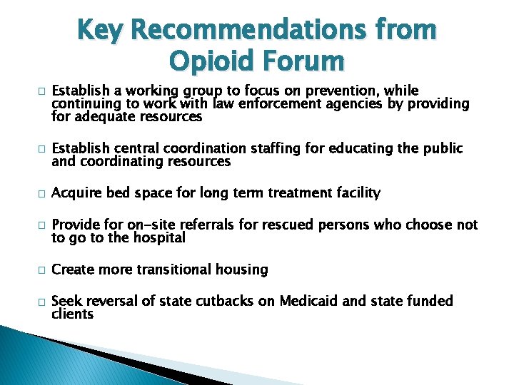 Key Recommendations from Opioid Forum � � � Establish a working group to focus