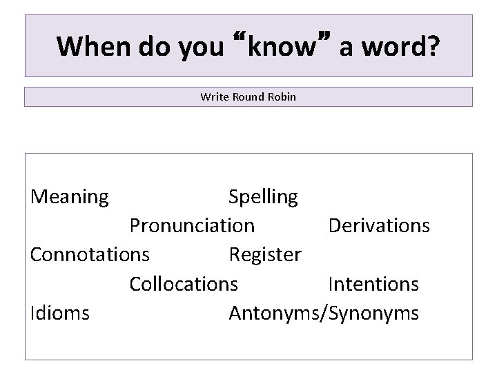 When do you “know” a word? Write Round Robin Meaning Spelling Pronunciation Derivations Connotations