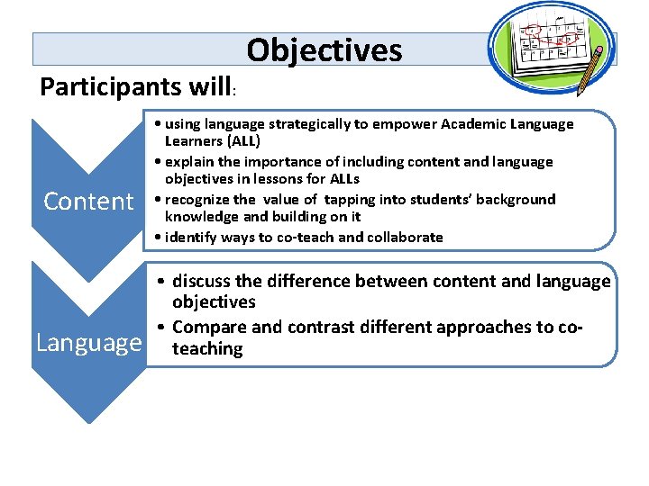 Participants will: Content Language Objectives • using language strategically to empower Academic Language Learners