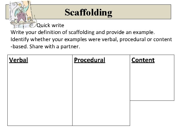 Scaffolding Quick write Write your definition of scaffolding and provide an example. Identify whether