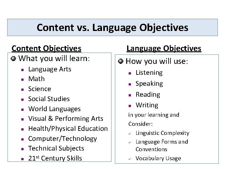 Content vs. Language Objectives Content Objectives What you will learn: n n n n